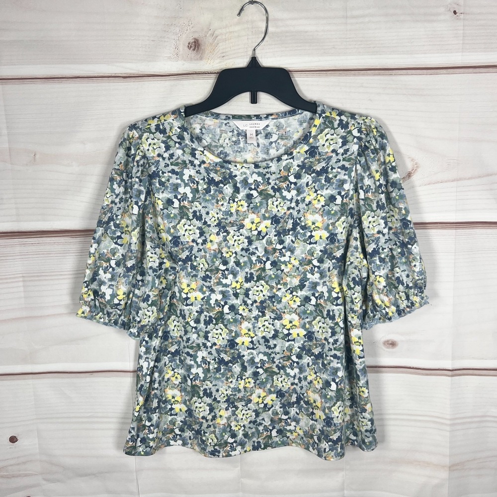 Lauren Conrad Top Womens Medium Blue Floral Blouse Knit Puff Sleeve Round Neck